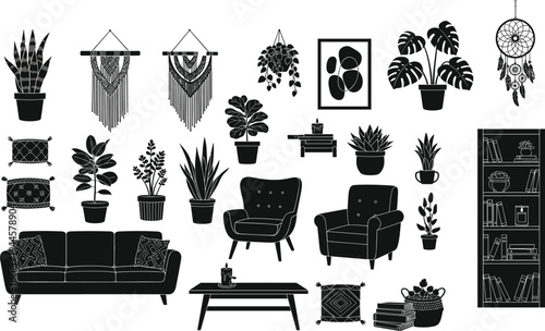 Modern home interior furniture and houseplant silhouette icon set including sofa armchair bookshelf wall decor macrame hanging plants vector collection