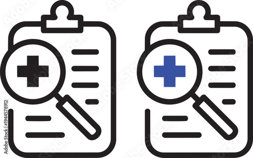 Medical Analysis: Magnifying the Essence of Health Care. Illustrated medical clipboard with a magnifying glass over a plus symbol.