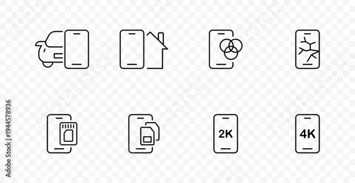 Smartphone feature set icon. Speed boost, home control, sync account, broken screen, memory card, sim card, display quality, resolution mode