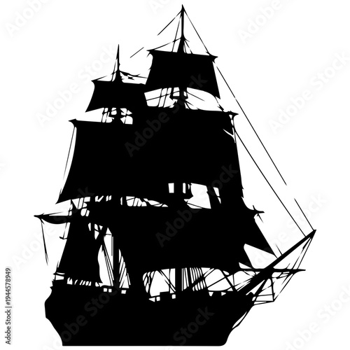 Silhouette of a majestic tall ship sailing on the sea, vintage sailing vessel