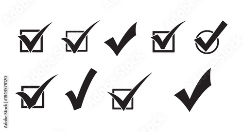 Checkmarks and checkboxes, tick marks in various styles, black on white