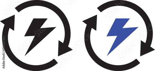 Renewable Energy Thunderbolt: A thunderbolt encircled by rotating arrows represents the cyclical and sustainable nature of renewable energy in graphic illustration.