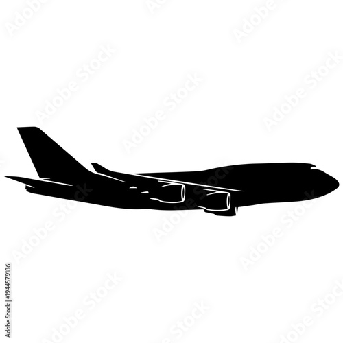 Military cargo jet airplane flying in clear sky black and white minimalist illustration