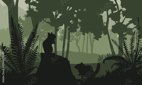 Two Chipmunks Silhouettes in Forest Landscape, Wild Rodents on Tree Stump with Ferns and Trees, Deep Woods Nature Background Vector Illustration