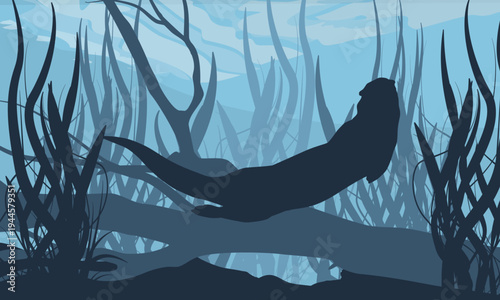 River Otter Silhouette Swimming Underwater in Freshwater River, Wild Animal in Natural Habitat with Seaweed and Sunken Log, Nature Vector Illustration