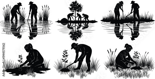 Black silhouettes of people planting trees and working in water for environmental conservation reforestation and traditional agricultural farming activities on a clean white background.