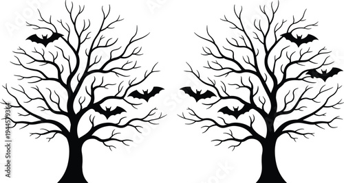 Two black silhouette trees with multiple bats flying around their branches on white background silhouettes