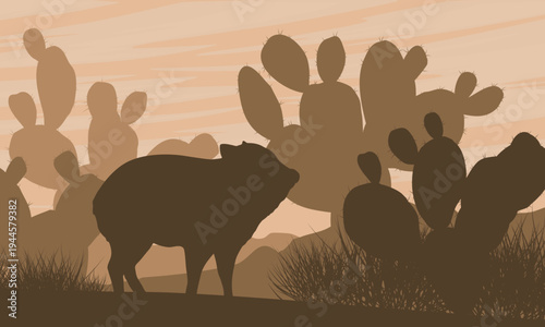 Collared Peccary Silhouette in Desert Landscape with Prickly Pear Cacti, Javelina Wild Animal in Nature Habitat at Sunset Vector Illustration, Southwest Background