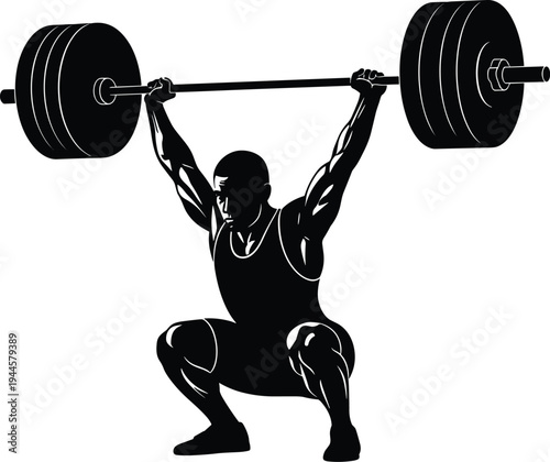 Silhouette of athlete performing Olympic weightlifting snatch in deep squat with barbell overhead, symbolizing strength, power, technique, and competitive sports training