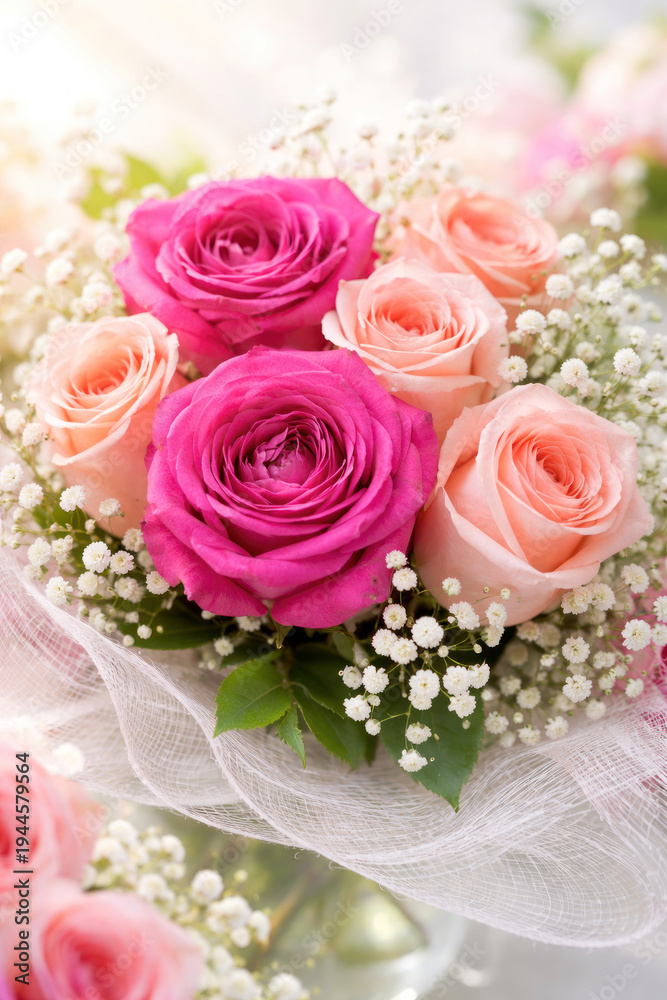 Obraz premium Elegant bouquet of pink and peach roses with delicate baby's breath flowers arranged in soft romantic style. 