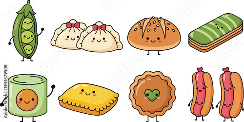 Cute kawaii food characters vector set with dumplings, sushi, hot dogs, bread, pie, peas and pastry cartoon illustrations