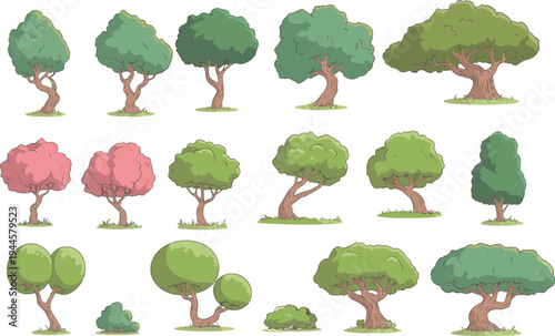 Various Green and Pink Trees with Different Shapes and Sizes on a White Background nature foliage