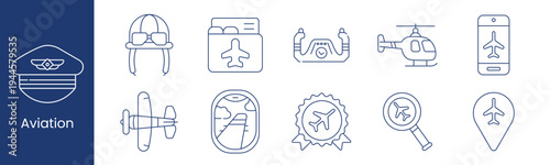 Aviation set icon. Collection with pilot hat, aviator helmet, flight folder, cockpit panel, helicopter, airplane smartphone, propeller plane, window view, award badge, radar magnifier, location pin.
