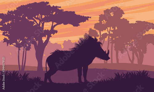 Warthog Silhouette in African Savanna Landscape at Sunset, Wild Boar in Nature Habitat with Acacia Trees, Safari Wildlife Vector Illustration Background