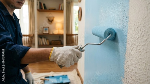 Close-up of painter hand holding light blue paint roller applying fresh coat to textured wall during interior decoration project