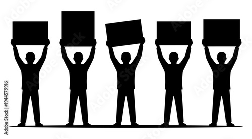 A group of five silhouetted individuals standing in a row, each holding up a blank sign above their head, against a plain white background, conveying a sense of unity and protest or advertisement.