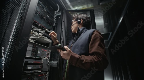 Indoor low angle shot of Asian male technician installing server rack equipment and connecting cables while checking on digital tablet and communicating through headset in data center