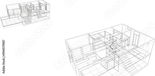 Detailed architectural wireframe of a multi-story house floor plan and exterior elevation, showcasing interior layouts and structural