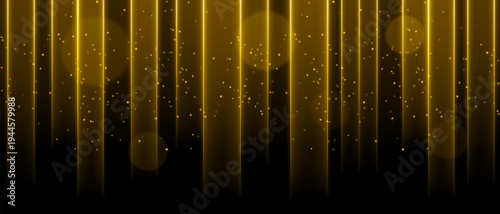 White vertical light curtain composition. Multiple glowing columns descending from top, scattered light dots, soft circular bokeh, dark backdrop, luminous haze atmosphere, abstract stage illumination.