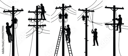 Silhouette set of electrical linemen repairing power lines on utility poles with ladders, power grid maintenance workers vector illustration isolated on white background