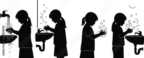Black silhouette vector illustration of a young girl washing her hands with soap and water at a sink to maintain personal hygiene and health