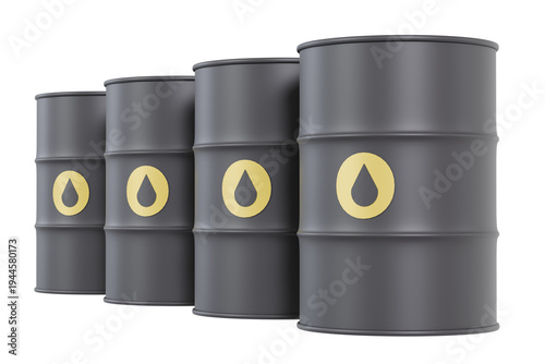 Oil barrels container row 3D render featuring four black metal petroleum drums with yellow oil drop symbols, angled perspective aligned across frame, isolated on transparent background, ideal for fuel