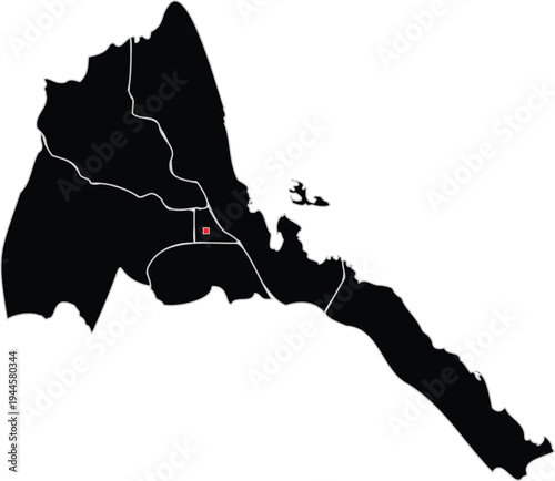 Detailed vector illustration graphic showing the administrative regions and capital city location of Eritrea on a map.