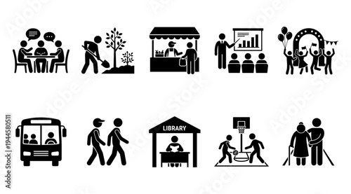 A collection of black silhouettes depicting various everyday scenes and social interactions, including people at work, leisure, and community settings, conveying a sense of community and daily life.