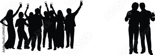 Crowd of happy people silhouettes raising wine glasses and celebrating at party with two men standing apart, isolated vector illustration for event concepts