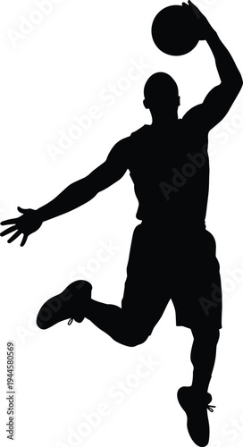Silhouette of basketball player performing slam dunk in mid-air, dynamic motion capturing athletic skill, strength, agility, and iconic sports action moment