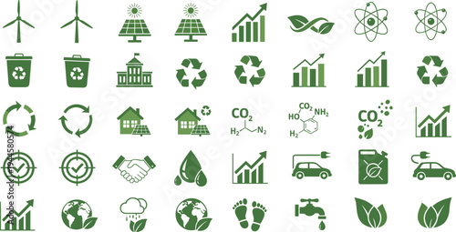 Green ecology icon set featuring wind turbines, solar panels, recycling symbols, electric cars, carbon footprint, and sustainable energy growth charts for environmental concepts
