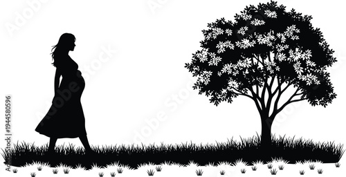 Black silhouette of a pregnant woman walking in a park through green grass towards a blooming tree for motherhood maternity