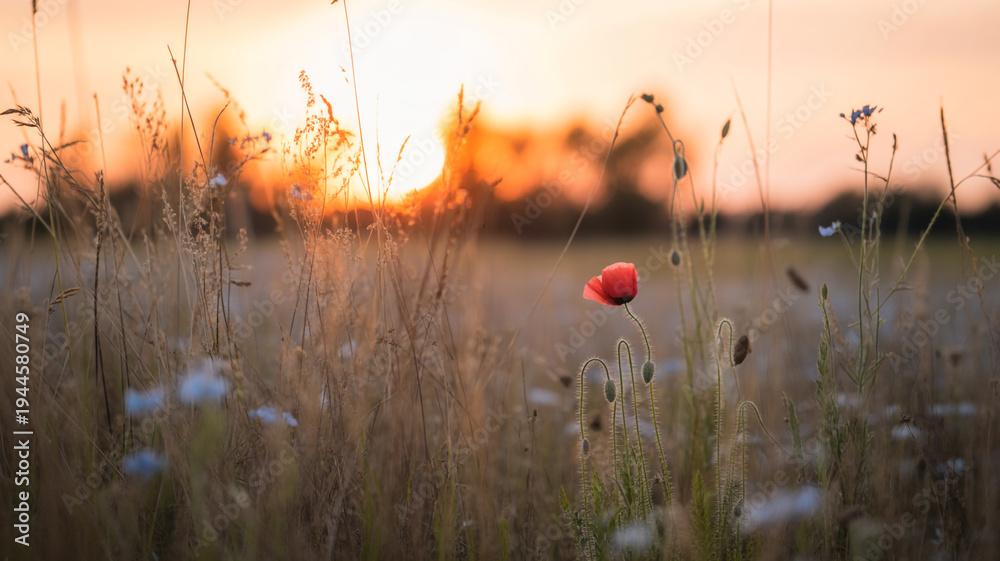 Fototapeta premium Single Red Poppy Flower In A Field At Sunset With Soft Focus photo 8hxo7dsdtw
