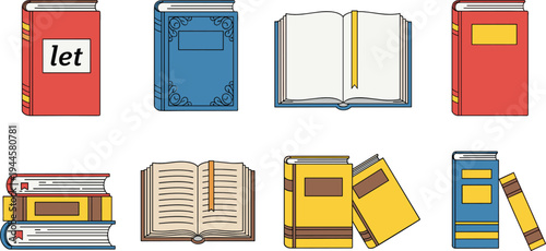 Hand drawn book collection vector set with open and closed books, textbooks, literature volumes and reading education elements
