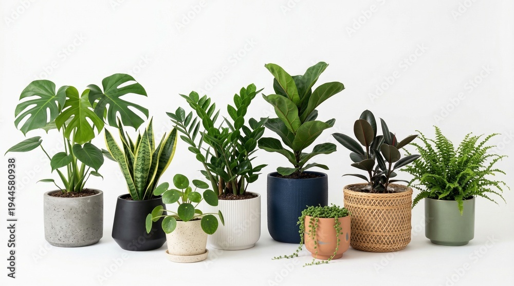 Fototapeta premium Collection of diverse houseplants in modern pots arranged on a white background perfect for interior design and home decor concepts