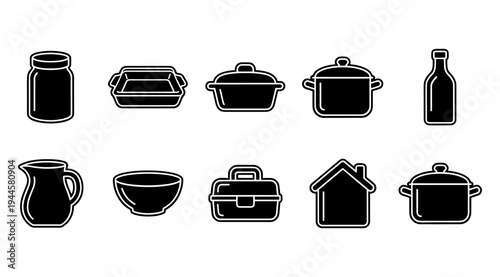 A collection of black kitchen utensils icons, including pots, pans, bottles, and bowls, arranged on a clean white background, ideal for use in cooking, recipe, or home decor related projects.