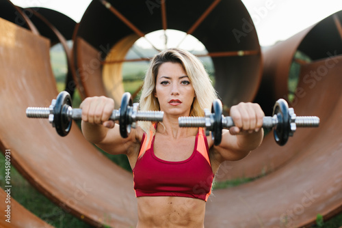 A fitness enthusiast working out outdoors with resistance bands. Healthy lifestyle and motivation.
