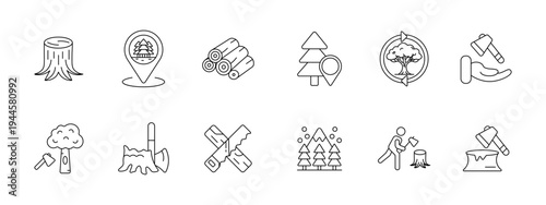 Forestry icon. Collection with tree stump, forest location pin, stacked logs, pine tree marker, recycle tree arrows, hand axe, tree cut, crossed saws, snowy fir trees, lumberjack chopping, split log.