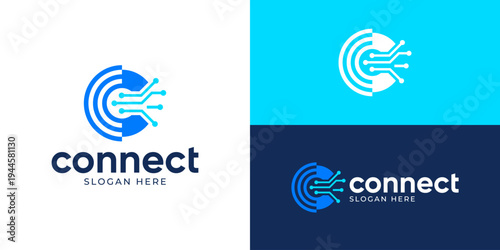 Creative modern connect logo template. Simple connection data system tech logo design vector illustration.