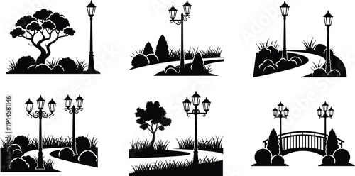 Black and white vector silhouettes of park landscapes featuring vintage street lamps garden bridges winding paths and trees for urban outdoor public space design.
