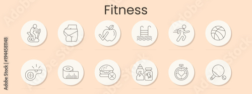 Fitness set icon. Exercise bike, shorts, apple, pool ladder, running, basketball, whistle, tape measure, burger, energy drink, stopwatch, ping pong, workout, sport, activity.