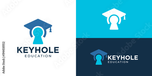 Creative simple keyhole education logo template. Graduation hat with keyhole logo design vector illustration.