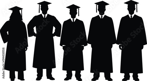 Silhouette of five graduates in caps and gowns standing together, symbolizing academic success, education milestone, university ceremony, and celebration of achievement
