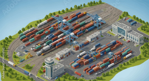 Isometric Container Terminal with Cranes, Trains, and Trucks - Logistics Hub