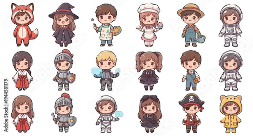Big set of cute chibi characters in various costumes, kawaii boys and girls featuring astronaut, knight, witch, pirate, fox onesie, and professional outfits, mascot collection