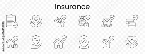 Insurance set icon. Outline protection symbols, clipboard, medical cross hands, house key, global lock, flood house, wallet, home lock, percent, house check