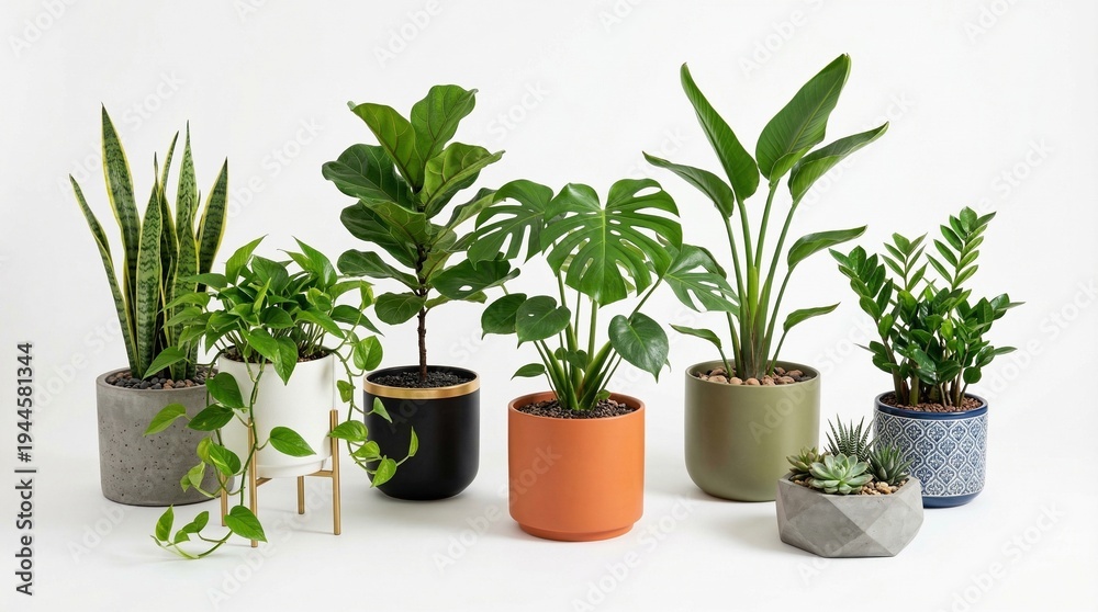 Fototapeta premium Collection of diverse potted houseplants including snake plant monstera and fiddle leaf fig styled in modern planters for home decor and interior design