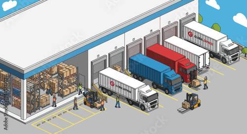 Isometric Warehouse Loading Dock with Trucks, Boxes and Forklifts