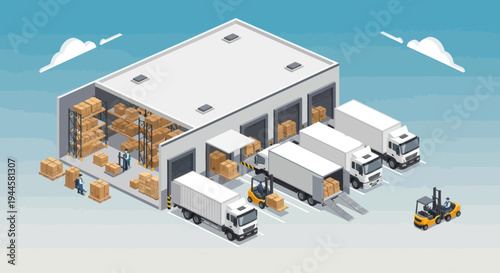 Logistics Warehouse with Trucks and Forklifts, Isometric View