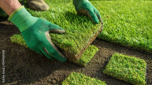 person laying artificial turf